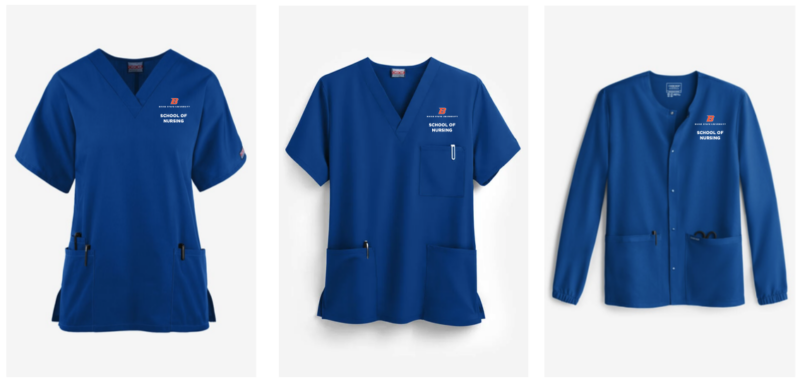 Examples of three blue scrub tops with Boise State logo and the name, School of Nursing, on the upper left chest.